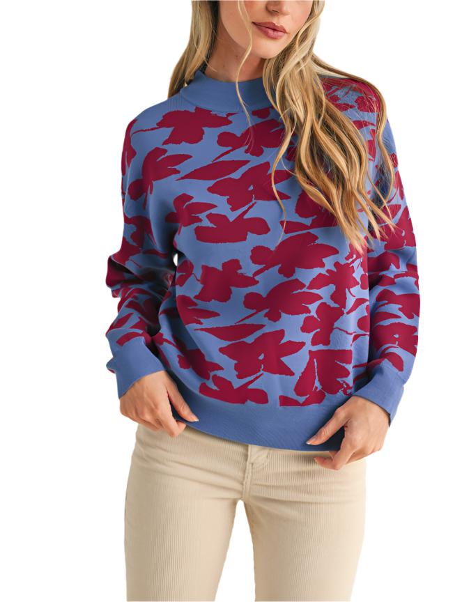 Autumn foliage never looked so cute like this mock neck floral sweater! Soft and cozy sweater knit shapes this sweater that has a ribbed mock neckline framed by drop shoulder long sleeves. The relaxed bodice features a stunning display of knit autumn leaves and florals. Contrasting ribbed knit accents the neckline, cuffs, and hem.