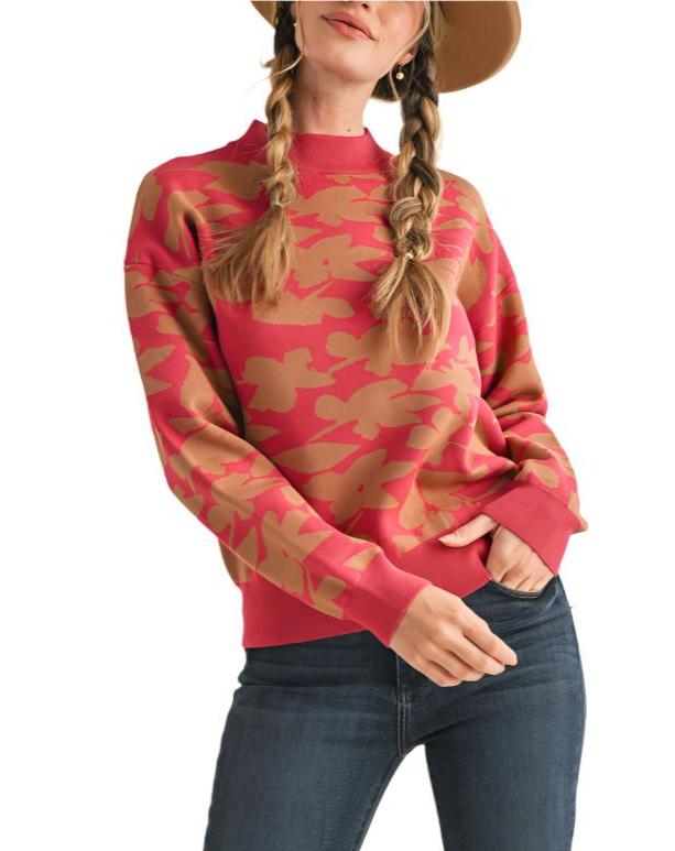 Autumn foliage never looked so cute like this mock neck floral sweater! Soft and cozy sweater knit shapes this sweater that has a ribbed mock neckline framed by drop shoulder long sleeves. The relaxed bodice features a stunning display of knit autumn leaves and florals. Contrasting ribbed knit accents the neckline, cuffs, and hem.