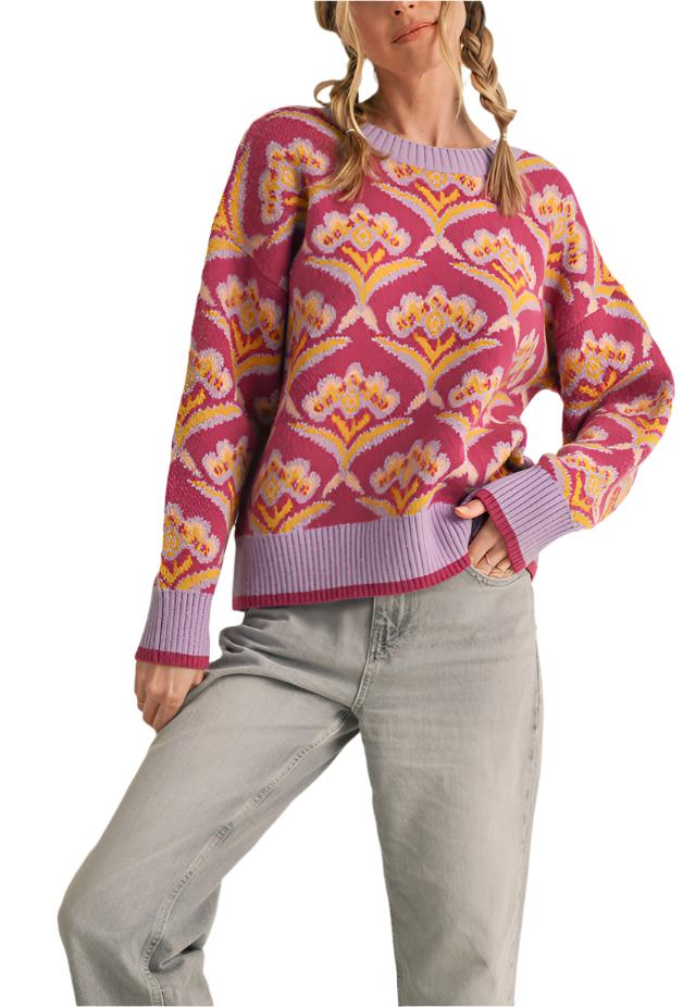 To upgrade your wardrobe, start with this colorful floral knit sweater! Colorful sweater knit, with a gorgeous floral knit design throughout, shapes this casual sweater that has a round neck framed by drop shoulder long sleeves. Ribbed knit accents the neckline cuffs, and hem. Pair with your favorite jeans for an instant upgraded look!