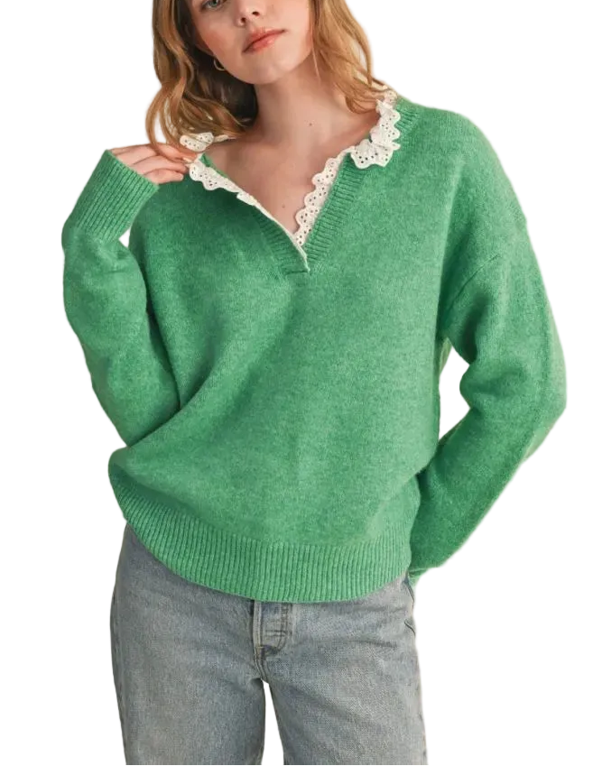 Get ready for cool Fall days ahead with this lace ruffle trim sweater! Cozy knit shapes a relaxed fit bodice with a V neckline and drop shoulder long sleeves. Ruffled lace trim accents the V neckline. Ribbed knit detail at the neckline, cuffs, and hem.

+ Lace ruffle trim V neck sweater
+ Ribbed V neckline
+ Ruffled lace trim on neckline
+ Drop shoulder long sleeves with ribbed cuffs
+ Ribbed hem
+ Relaxed fit bodice