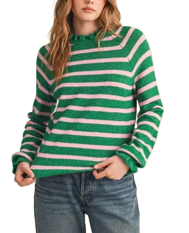 This ruffled striped sweater is all you need for an effortless feminine aesthetic! Soft sweater knit shapes this cute sweater that has a ruffled round neckline framed by raglan long sleeves that end with ruffled cuffs. The relaxed bodice features classic stripes and ends in a ribbed hem. Pair this darling sweater with jeans for a feminine and casual look!
