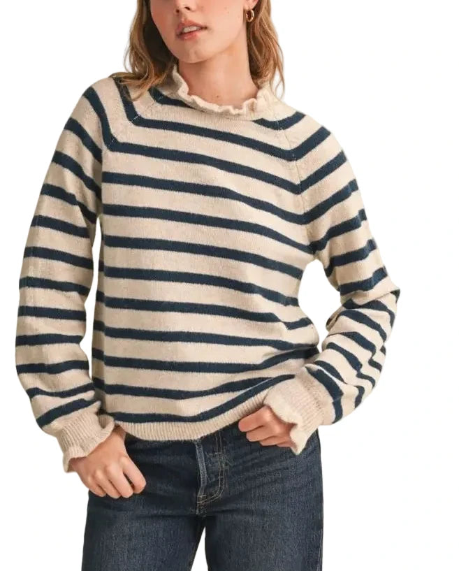 This ruffled striped sweater is all you need for an effortless feminine aesthetic! Soft sweater knit shapes this cute sweater that has a ruffled round neckline framed by raglan long sleeves that end with ruffled cuffs. The relaxed bodice features classic stripes and ends in a ribbed hem. Pair this darling sweater with jeans for a feminine and casual look!
