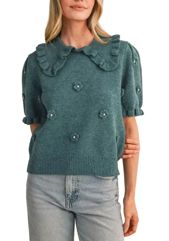 A woman wearing a teal green short-sleeve knit sweater with a ruffled Peter Pan collar and decorative buttons, paired with light-wash jeans, against a solid beige background.