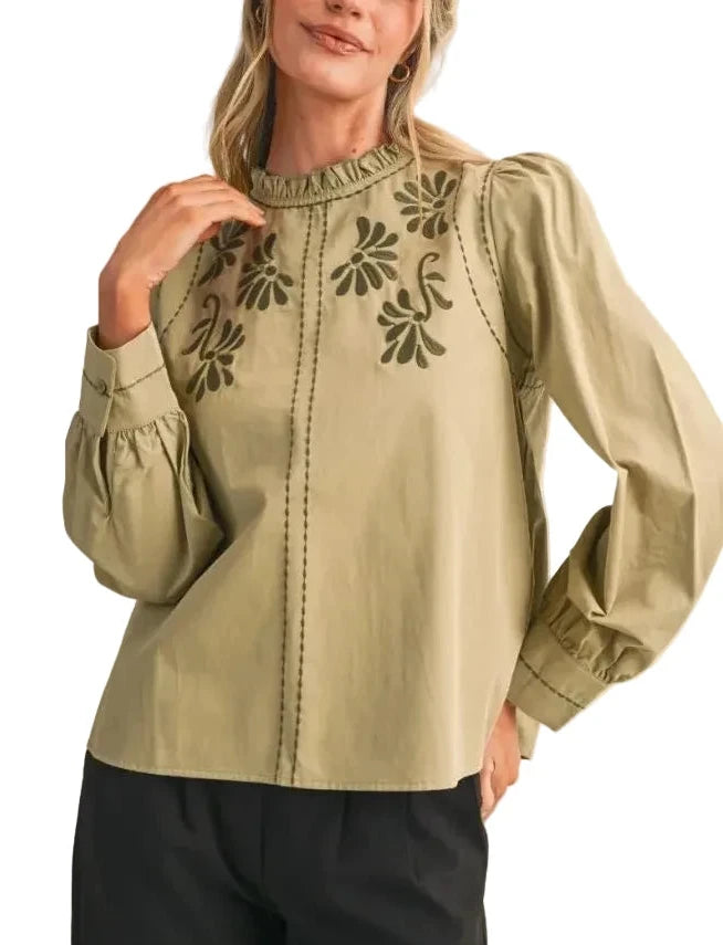 Embroidered Ruffle Mock Neck Top