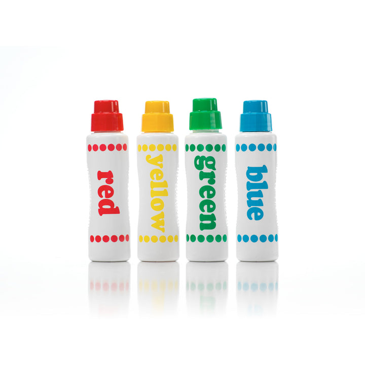 Four markers with colored caps and labels on a white background