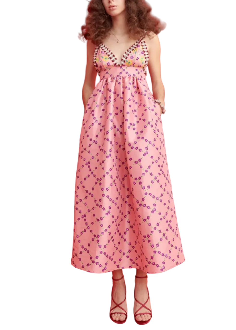 The Rozana Dress is a romantic showstopper in soft pink with intricate floral embroidery. Featuring a flattering empire waist, a bold deep V-neckline with checkered trim, and a voluminous A-line skirt, this dress effortlessly blends charm and elegance. Perfect for weddings, garden parties, or summer soirées, Rozana is designed to stand out while offering comfort and grace. A celebration of color, femininity, and craftsmanship.

