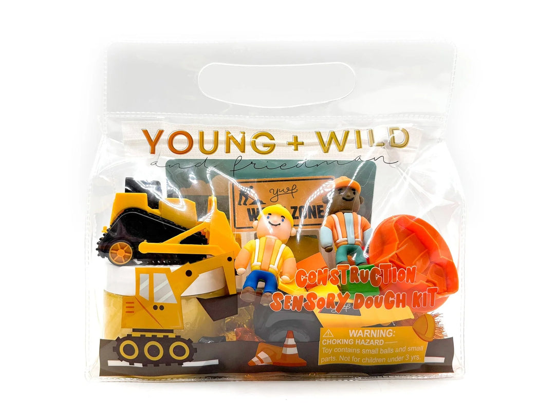 Construction-themed sensory dough kit packaging with &