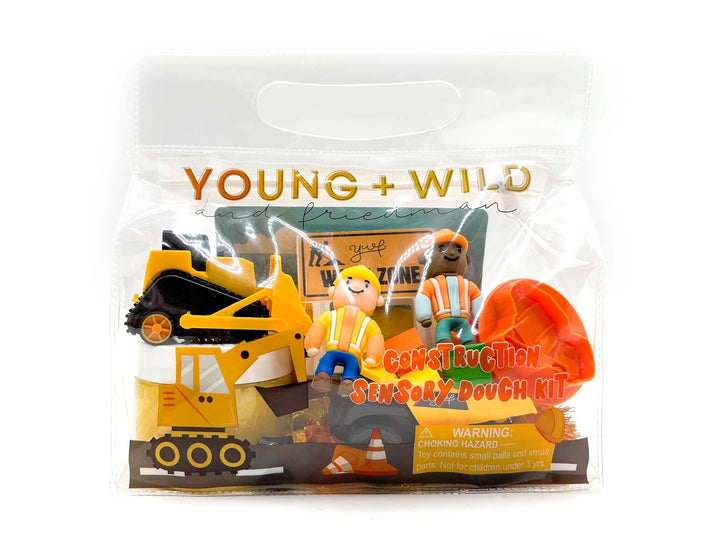Construction-themed sensory dough kit packaging with &