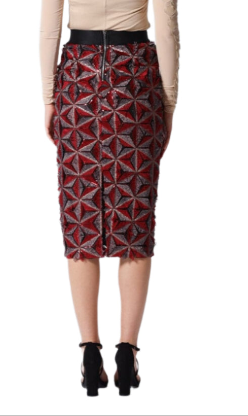 Turn heads with this playful Sequin Beaded Midi Skirt in rich burgundy. Featuring dazzling pinwheel motifs and shimmering beadwork, it adds a fun, festive sparkle to any outfit.