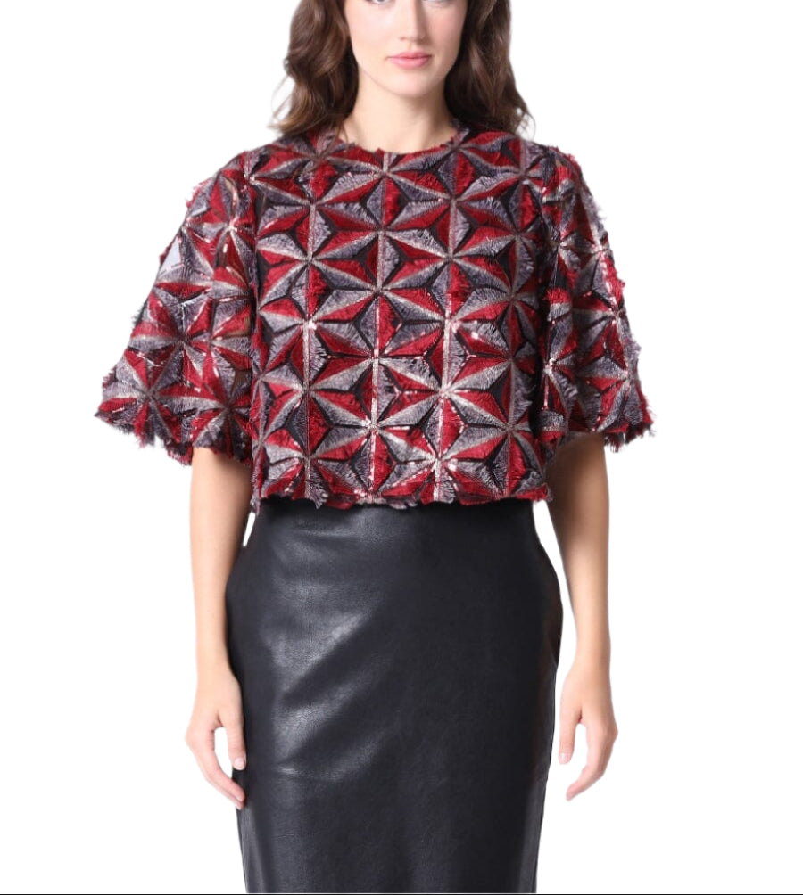 Add sparkle to your wardrobe with this playful sequin beaded crop top featuring whimsical pinwheel motifs. The bell sleeves add a flirty flair, making it perfect for dancing the night away or turning heads at any party.