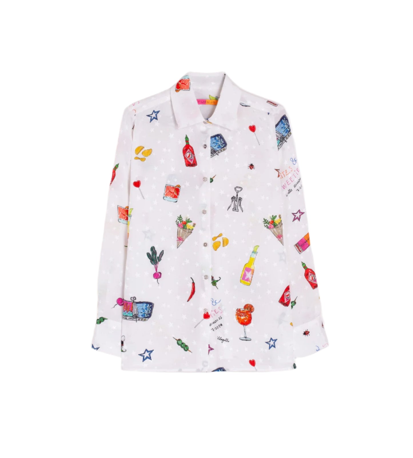 Flowing white shirt with jacquard stars and printed with exclusive Vilagallo snack patterns. Front fastening with metal shirt buttons. Long sleeves with cuffs