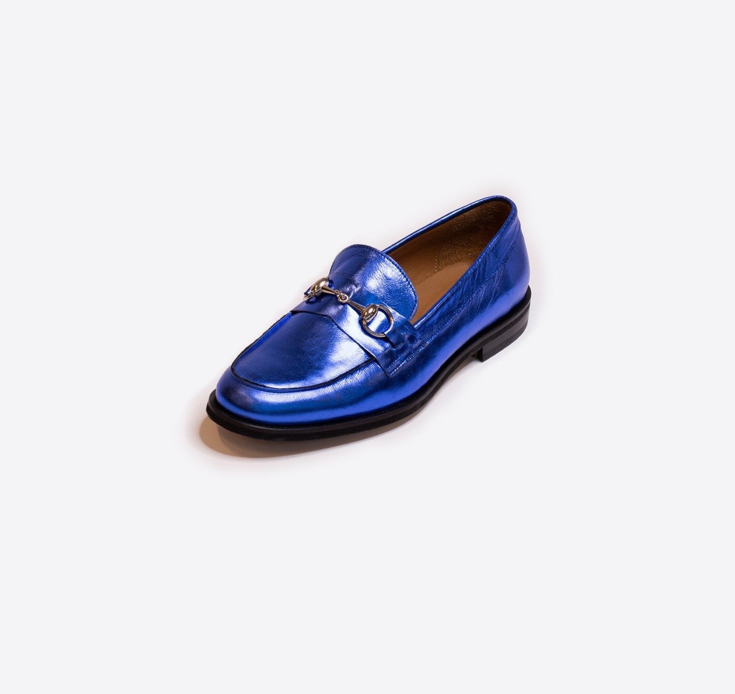 Blue Metallic Leather Buckle Loafer by Vilagallo