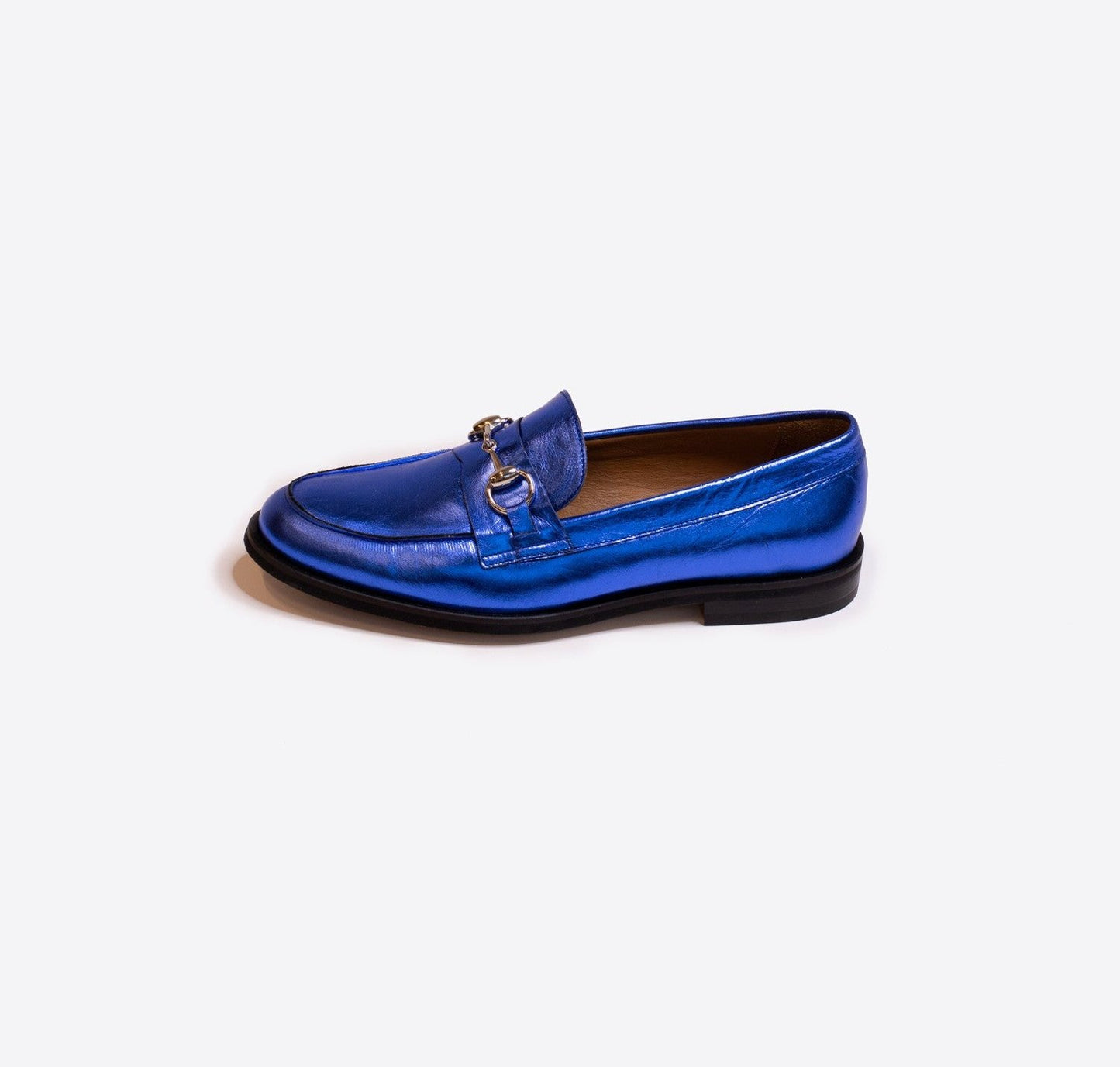 Blue Metallic Leather Buckle Loafer by Vilagallo