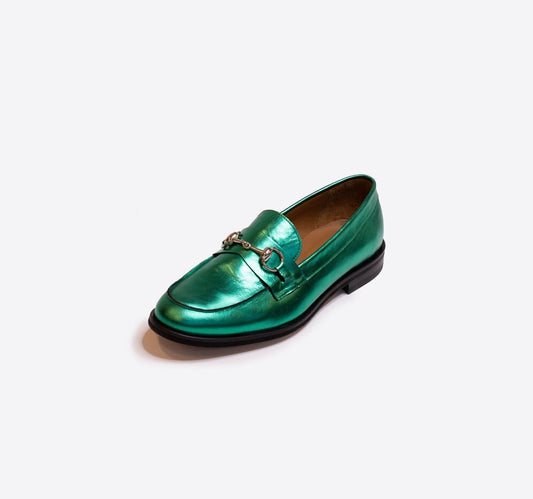 Hebilla Mocasin Shoe in Verde Metallic Leather by Vilagallo