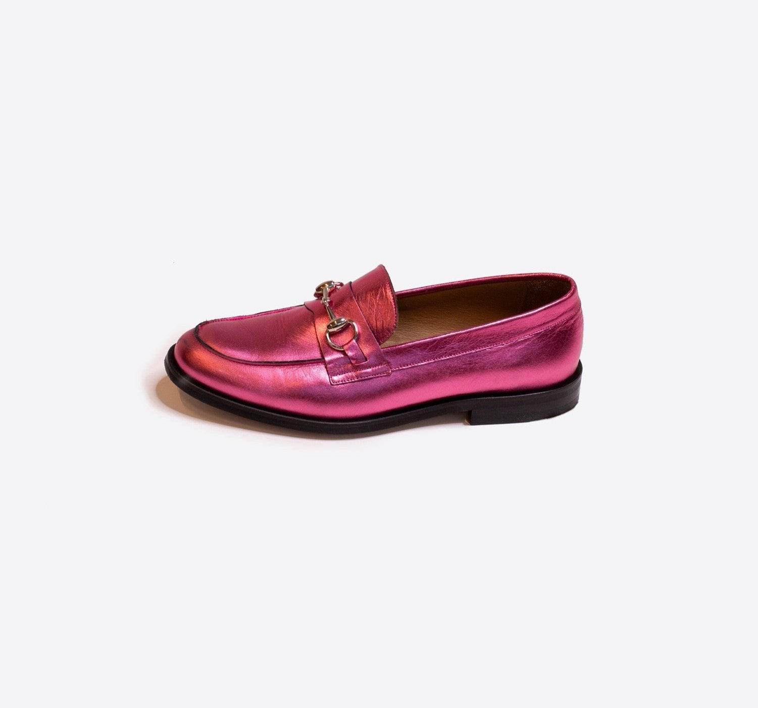 Pink Metallic Leather Buckle Loafer by Vilagallo