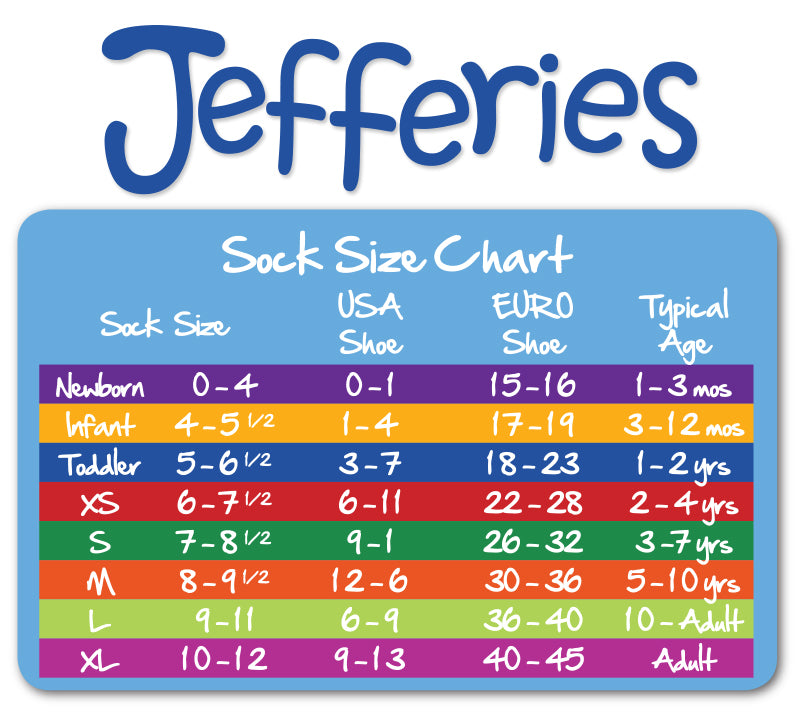 Jefferies sock size chart with color-coded sizes and measurements.