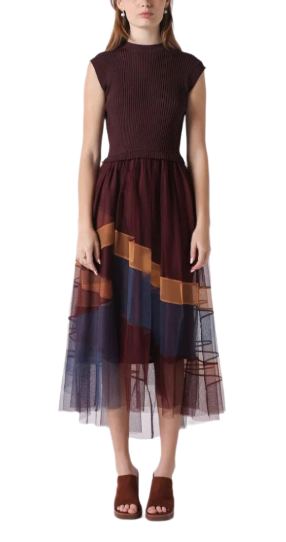 Step into a world of whimsy with this sleeveless long dress featuring a flowing tulle skirt in a rich burgundy hue. Its A-line silhouette flatters every figure, while the airy tulle adds a touch of playful elegance perfect for twirling the night away.