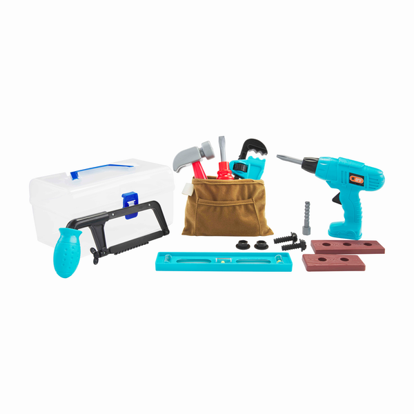 The set also comes with a wearable tool belt, screwdriver, hammer, drill + bits with noise, level, hacksaw, wood planks, wrench and working nuts and bolts. This set is intended for ages 3 and up.