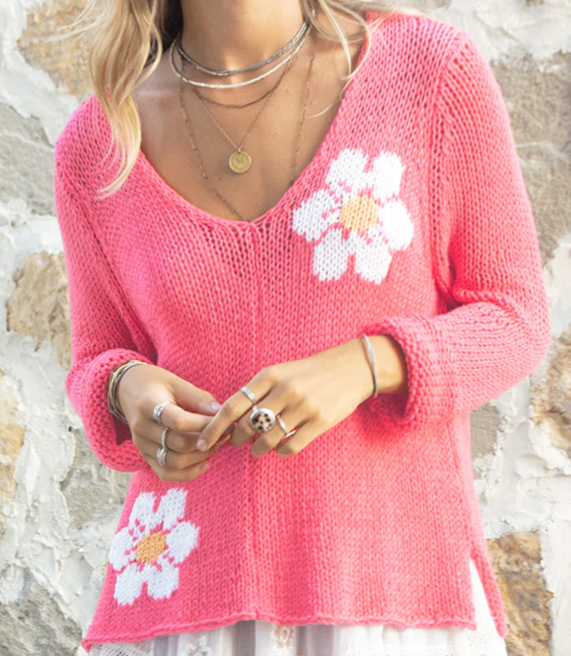 Wooden Ships Coral Hibiscus Daisy Sweater